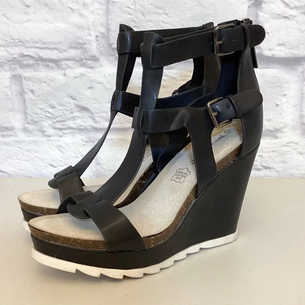 Nature Breeze 8.5 Gladiator Black Wedge Leather Sandals Women’s Cork Shoes